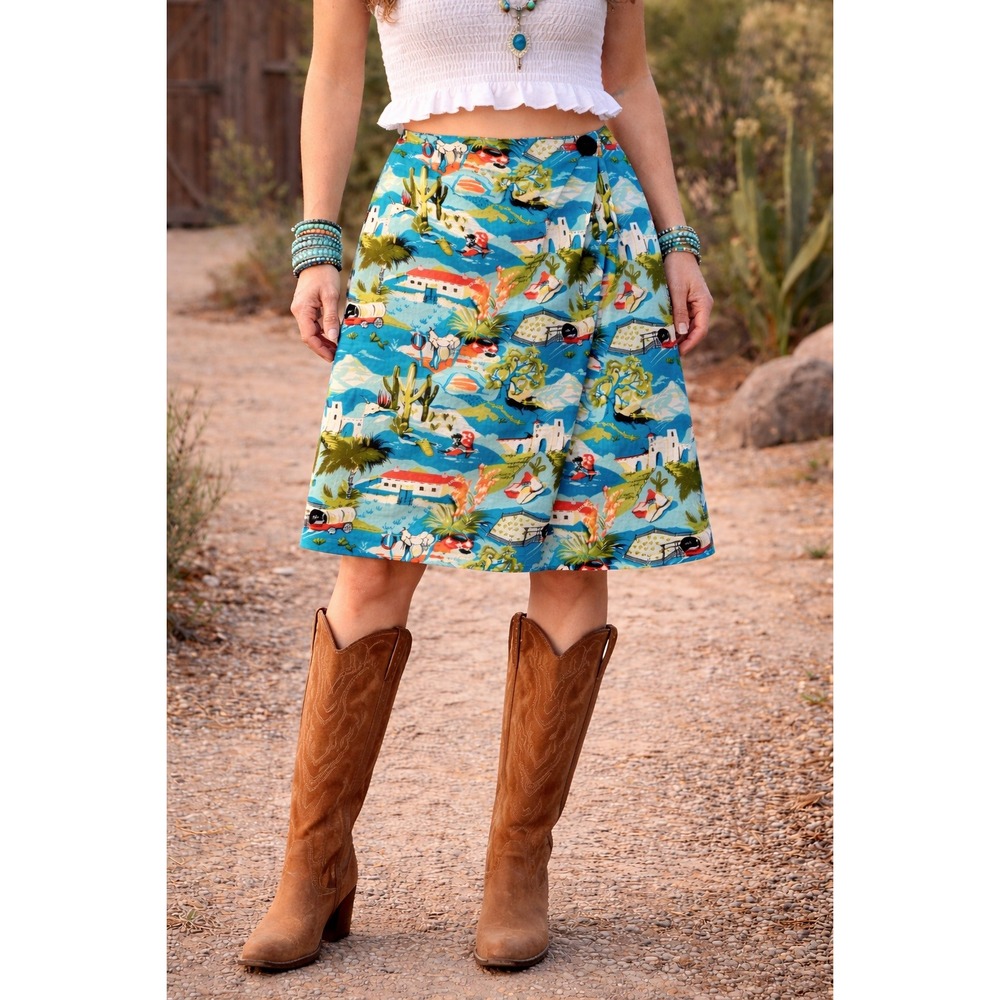 Sharon Young Vintage Western Ranch Novelty Print Cotton Wrap Skirt Blue Size 8
